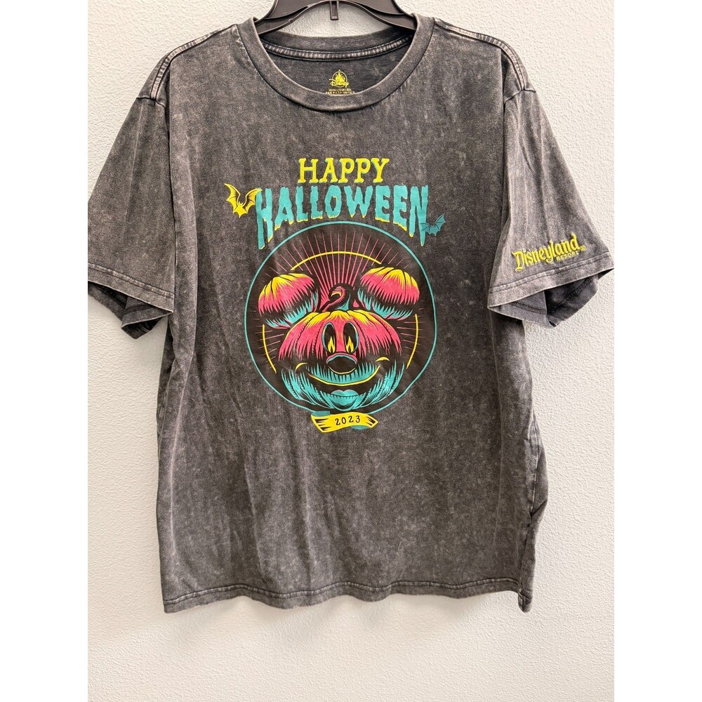 Disneyland Resort Halloween 2023 Mickey Pumpkin Acid Wash T-Shirt Adult L Black